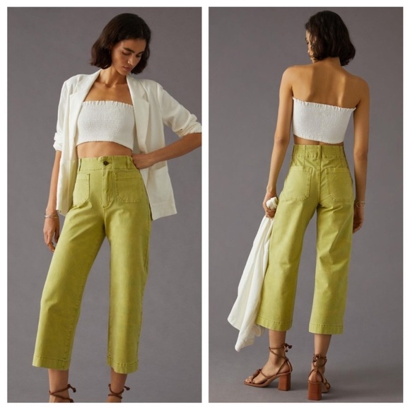 Anthropologie Pilcro The Skipper Wide Leg Crop Pants in Tie Dye Chartreuse - Picture 1 of 7